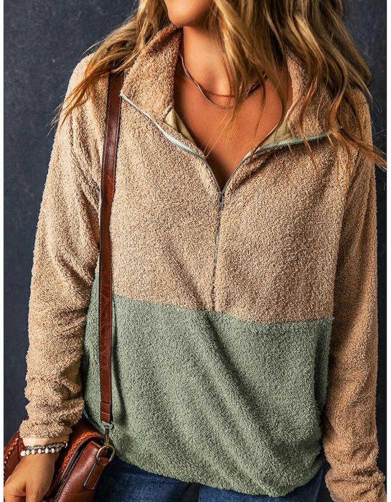 Smoke Gray Two Tones Color Block Half Zip Fleece Sweatshirt