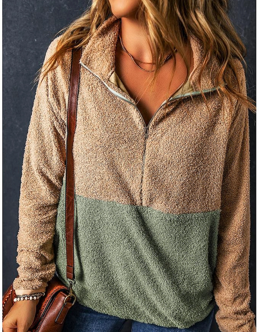 Smoke Gray Two Tones Color Block Half Zip Fleece Sweatshirt