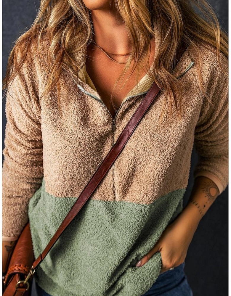 Smoke Gray Two Tones Color Block Half Zip Fleece Sweatshirt