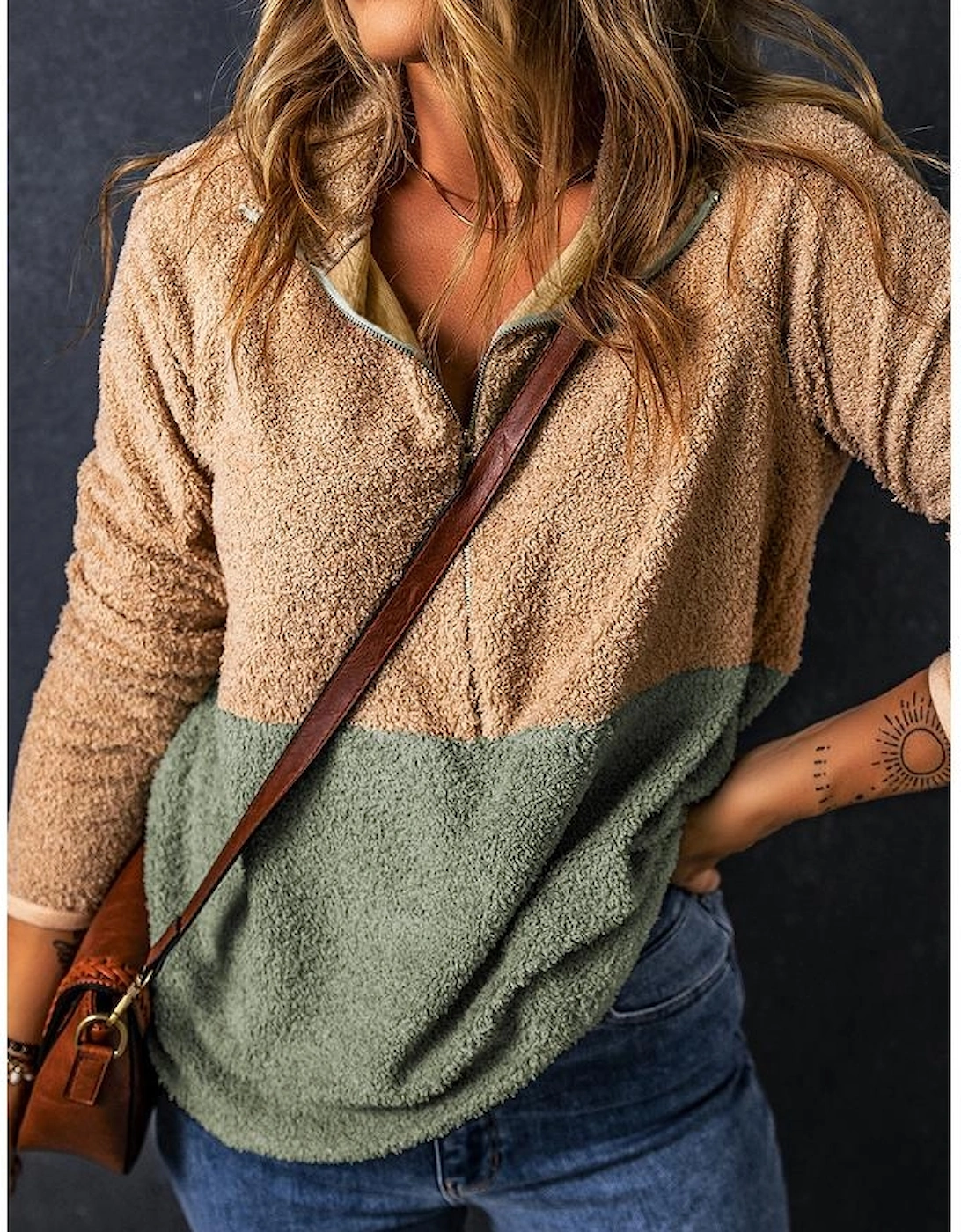 Smoke Gray Two Tones Color Block Half Zip Fleece Sweatshirt