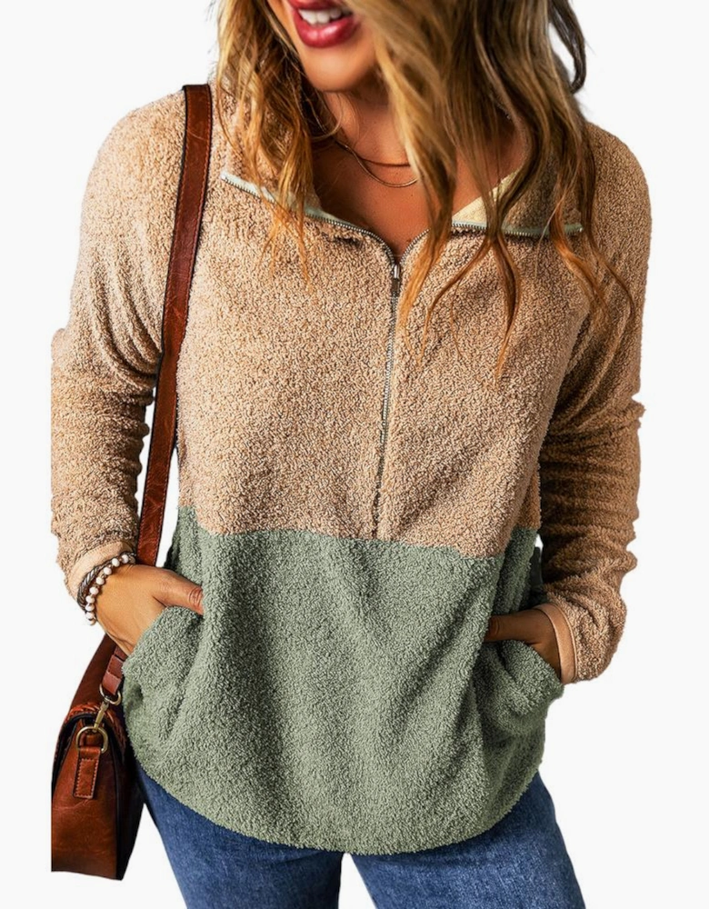 Smoke Gray Two Tones Color Block Half Zip Fleece Sweatshirt