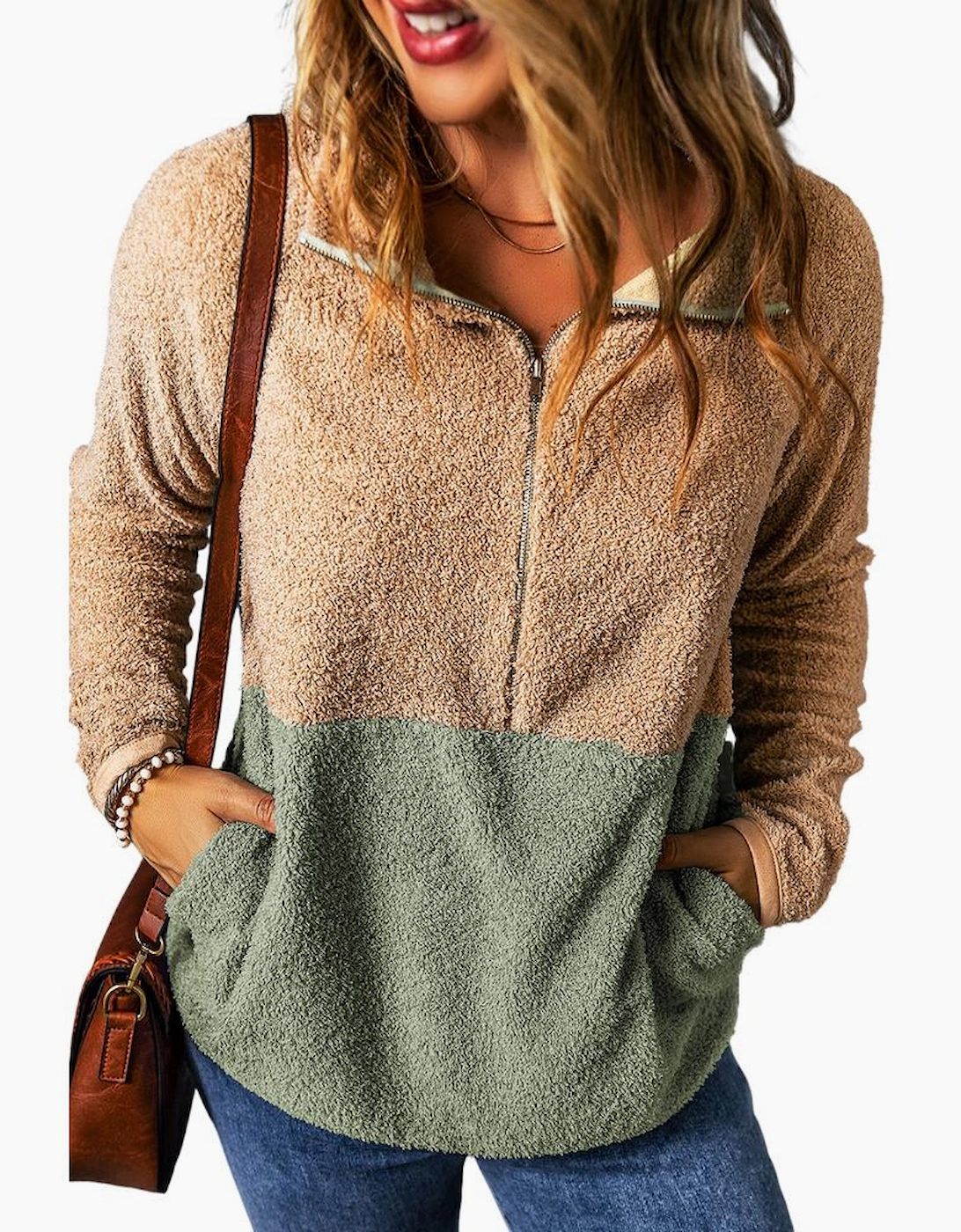 Smoke Gray Two Tones Color Block Half Zip Fleece Sweatshirt