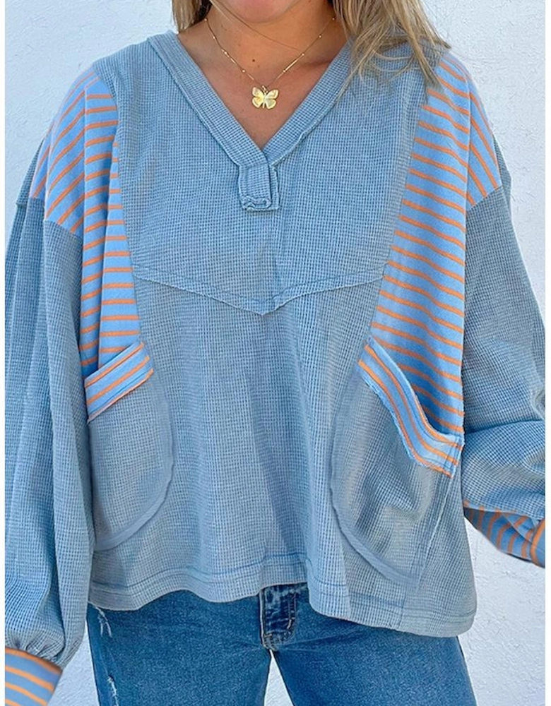 Dusk Blue Exposed Seam Waffle Striped Patchwork Baggy Pullover