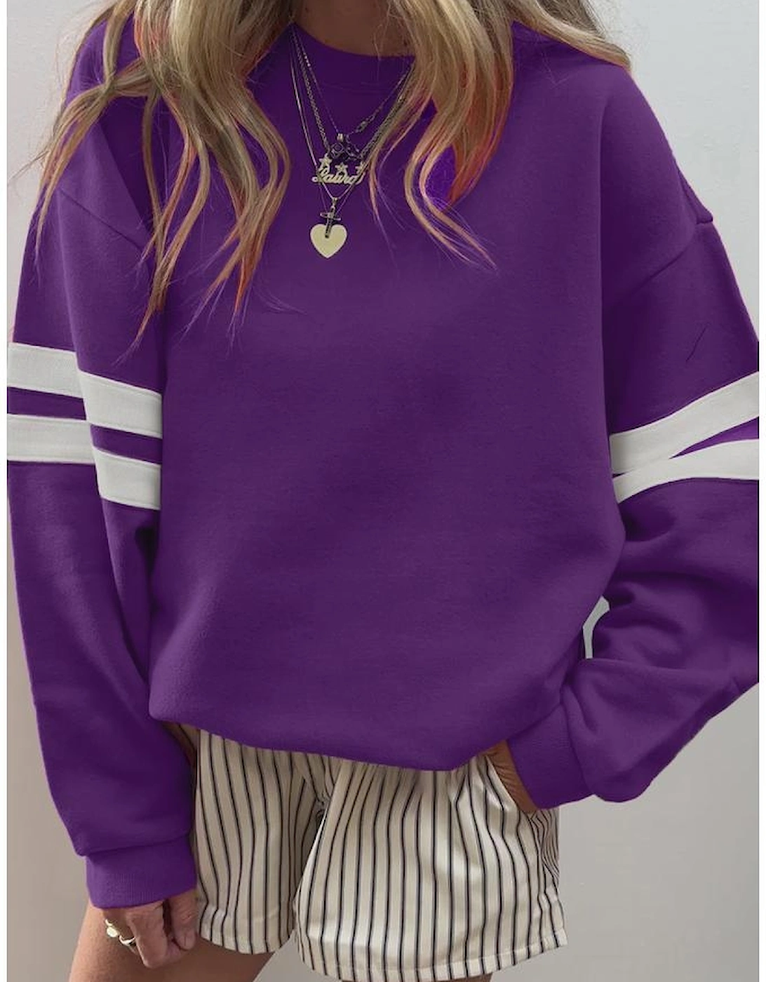 Tillandsia Purple Varsity Striped Detail Drop Shoulder Oversized Sweatshirt, 2 of 1