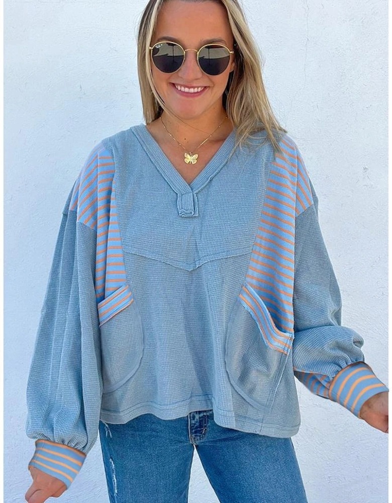 Dusk Blue Exposed Seam Waffle Striped Patchwork Baggy Pullover