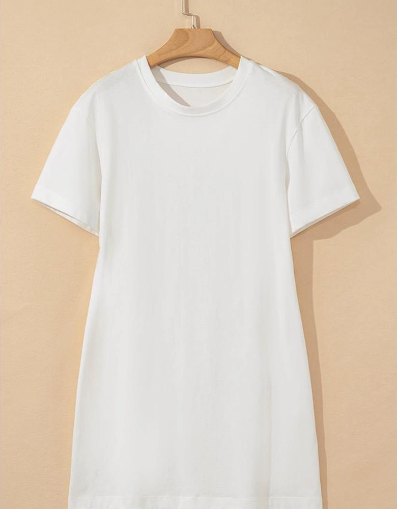 White Drop Shoulder Crew Neck Shift T Shirt Dress