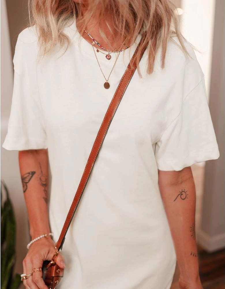 White Drop Shoulder Crew Neck Shift T Shirt Dress
