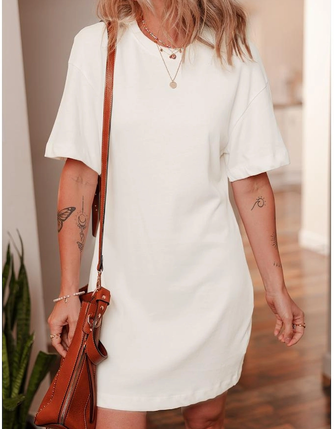 White Drop Shoulder Crew Neck Shift T Shirt Dress