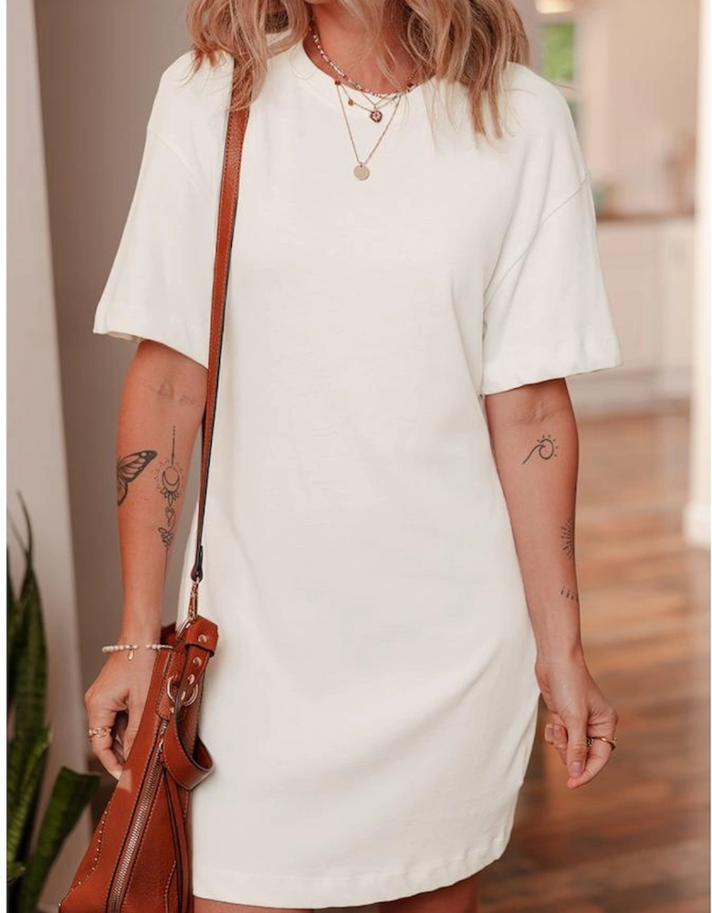 White Drop Shoulder Crew Neck Shift T Shirt Dress