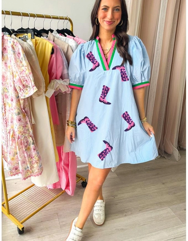 Myosotis Sequined Cowgirl Boots Pattern Contrast V Neckline Half Puff Sleeve Dress