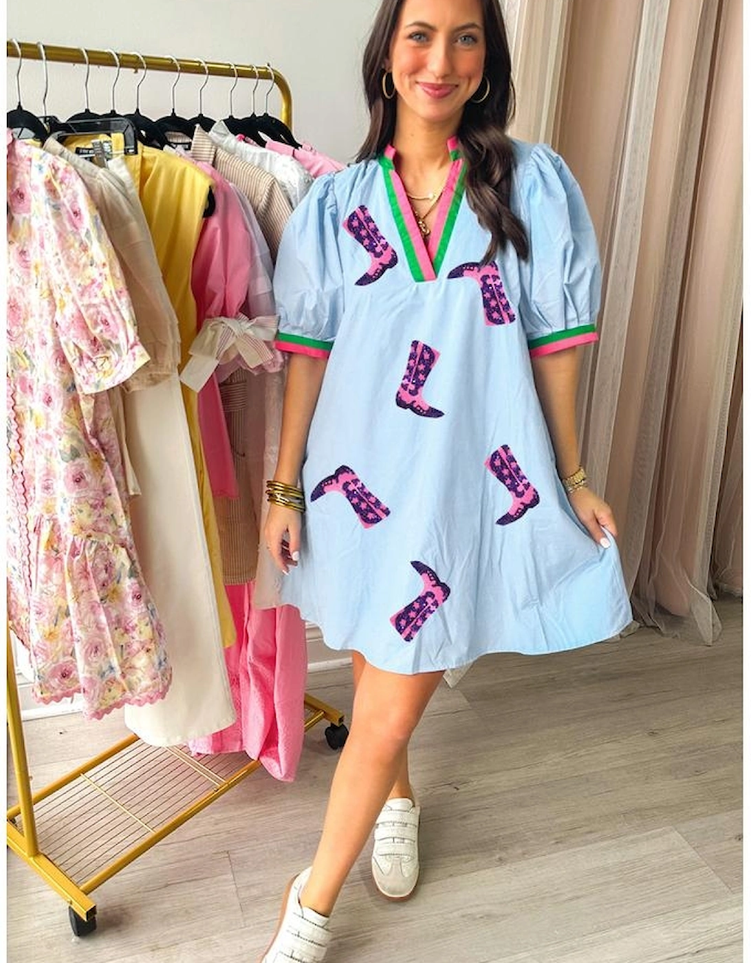 Myosotis Sequined Cowgirl Boots Pattern Contrast V Neckline Half Puff Sleeve Dress