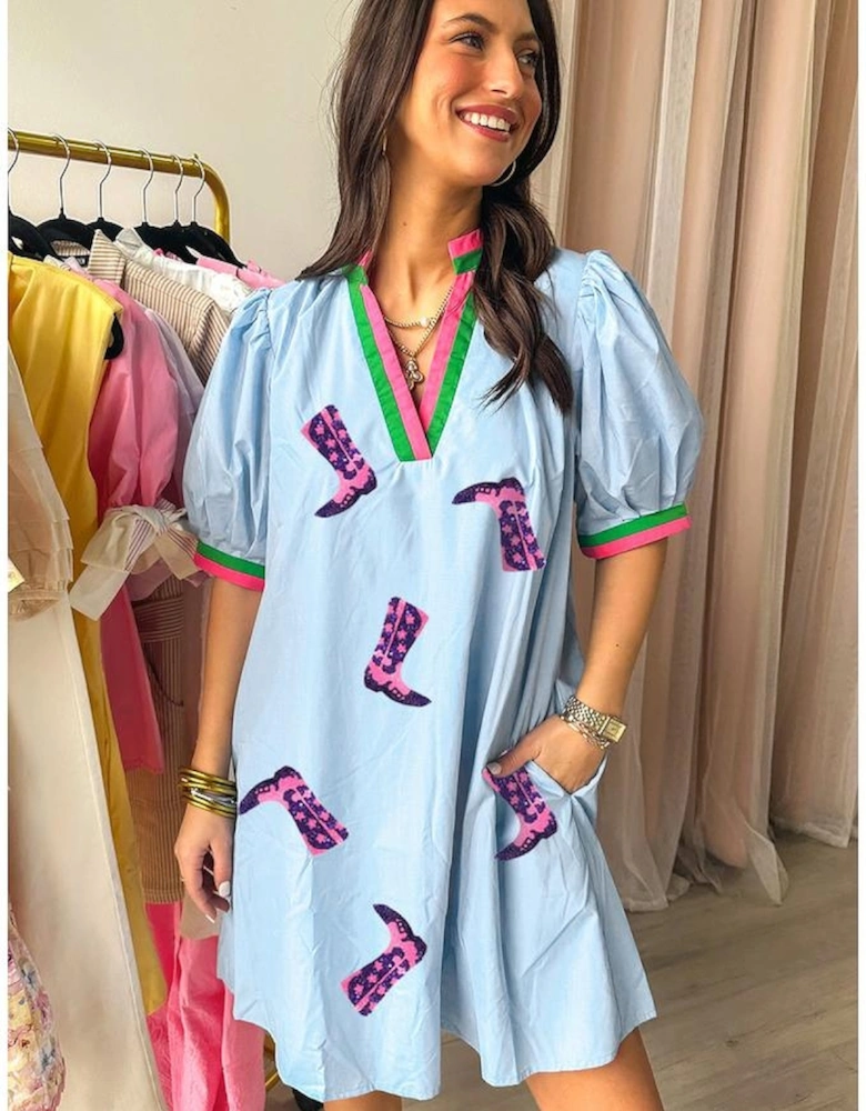 Myosotis Sequined Cowgirl Boots Pattern Contrast V Neckline Half Puff Sleeve Dress