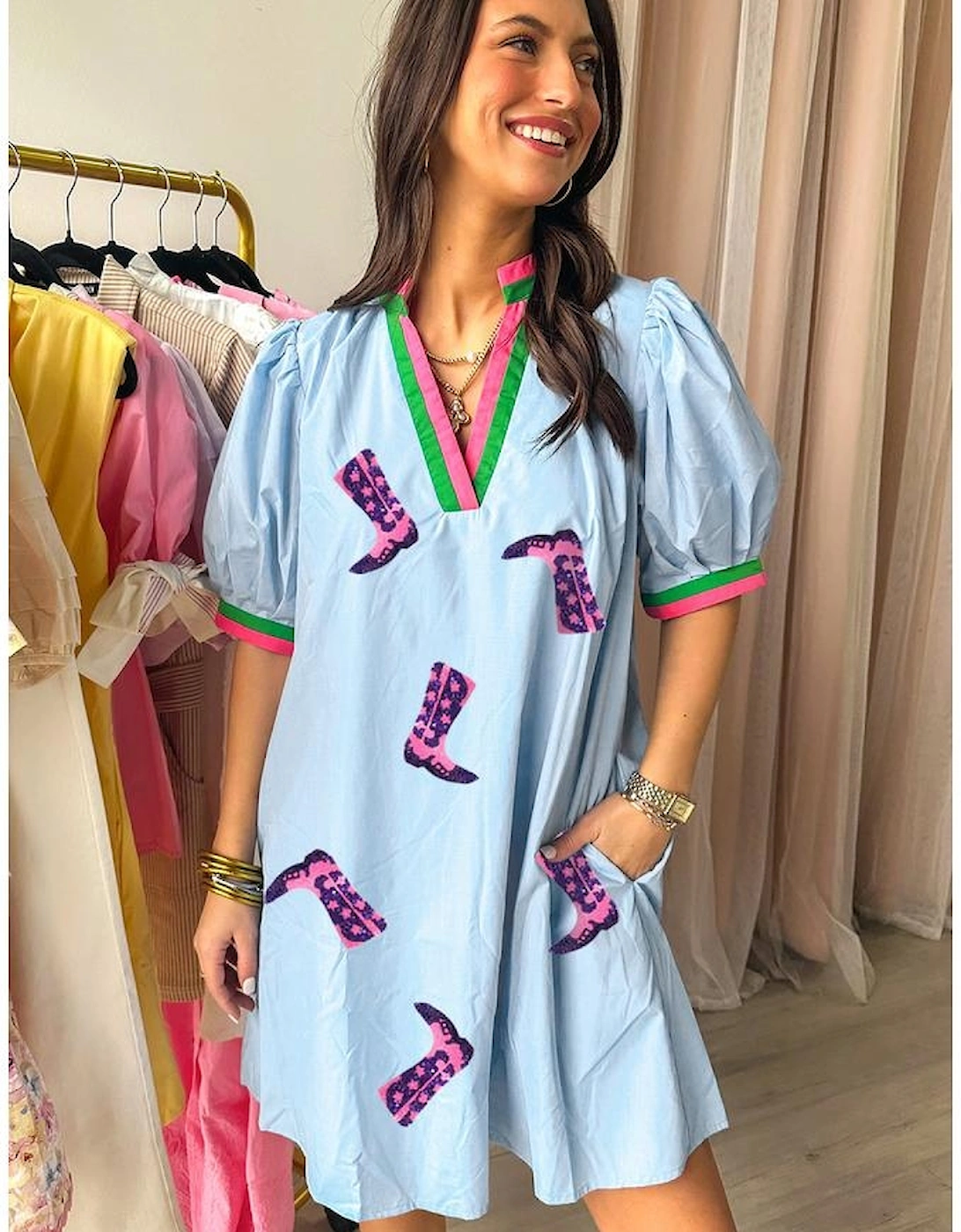 Myosotis Sequined Cowgirl Boots Pattern Contrast V Neckline Half Puff Sleeve Dress