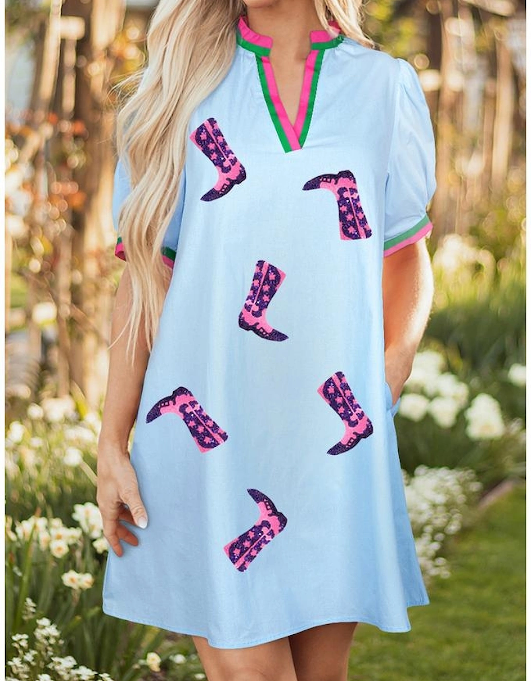 Myosotis Sequined Cowgirl Boots Pattern Contrast V Neckline Half Puff Sleeve Dress