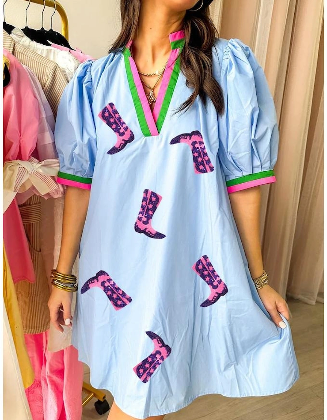 Myosotis Sequined Cowgirl Boots Pattern Contrast V Neckline Half Puff Sleeve Dress