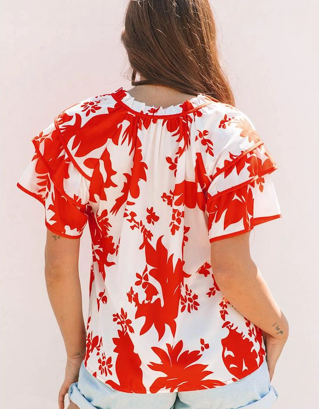 Red Plant Print Tiered Ruffled Sleeve V Neck Blouse, 16 of 15