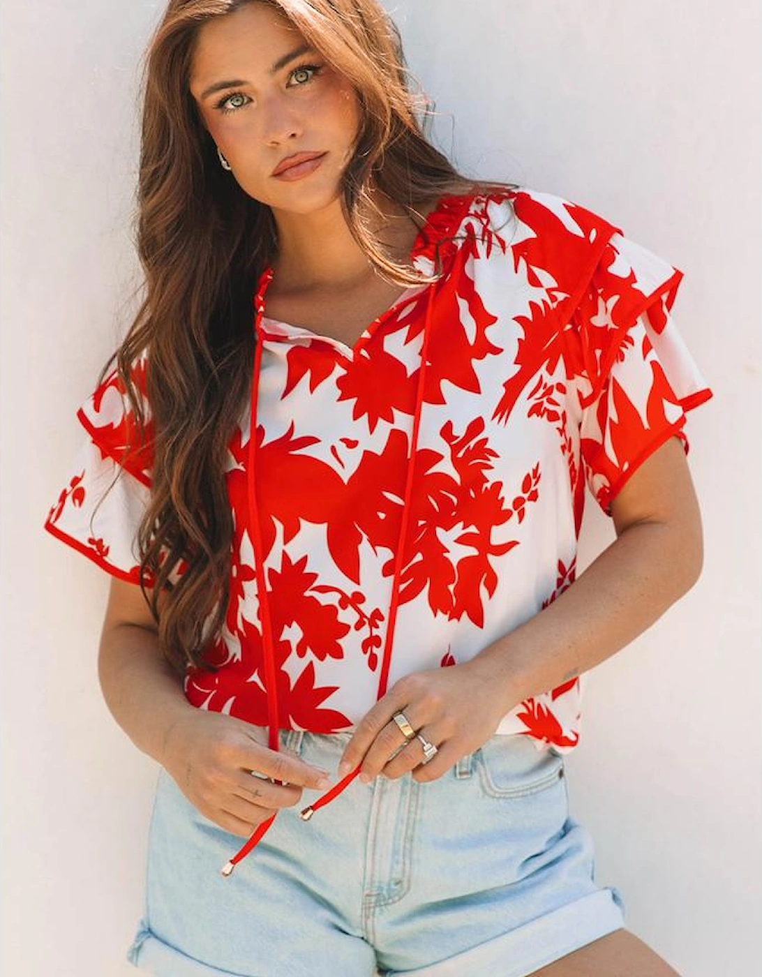 Red Plant Print Tiered Ruffled Sleeve V Neck Blouse