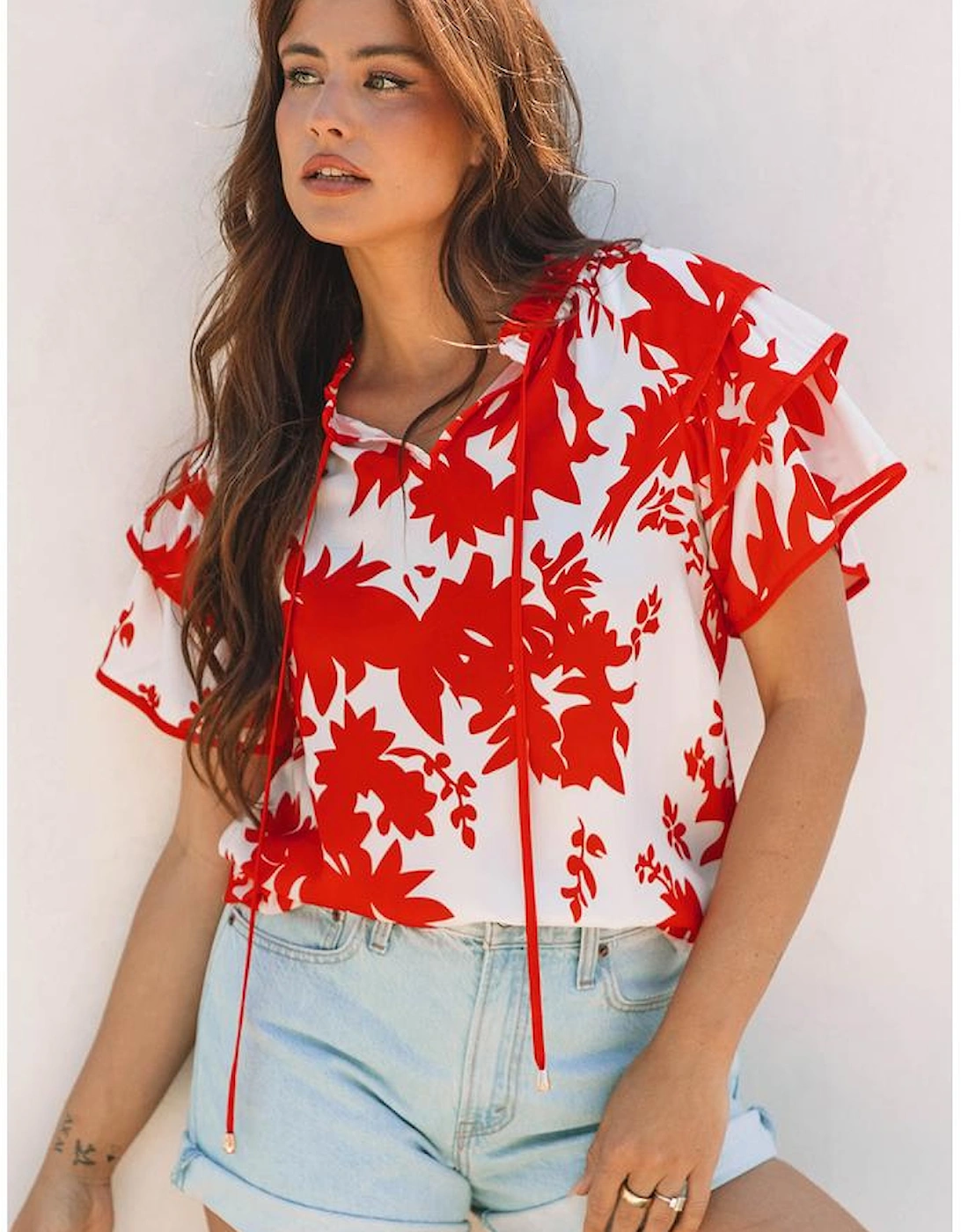 Red Plant Print Tiered Ruffled Sleeve V Neck Blouse