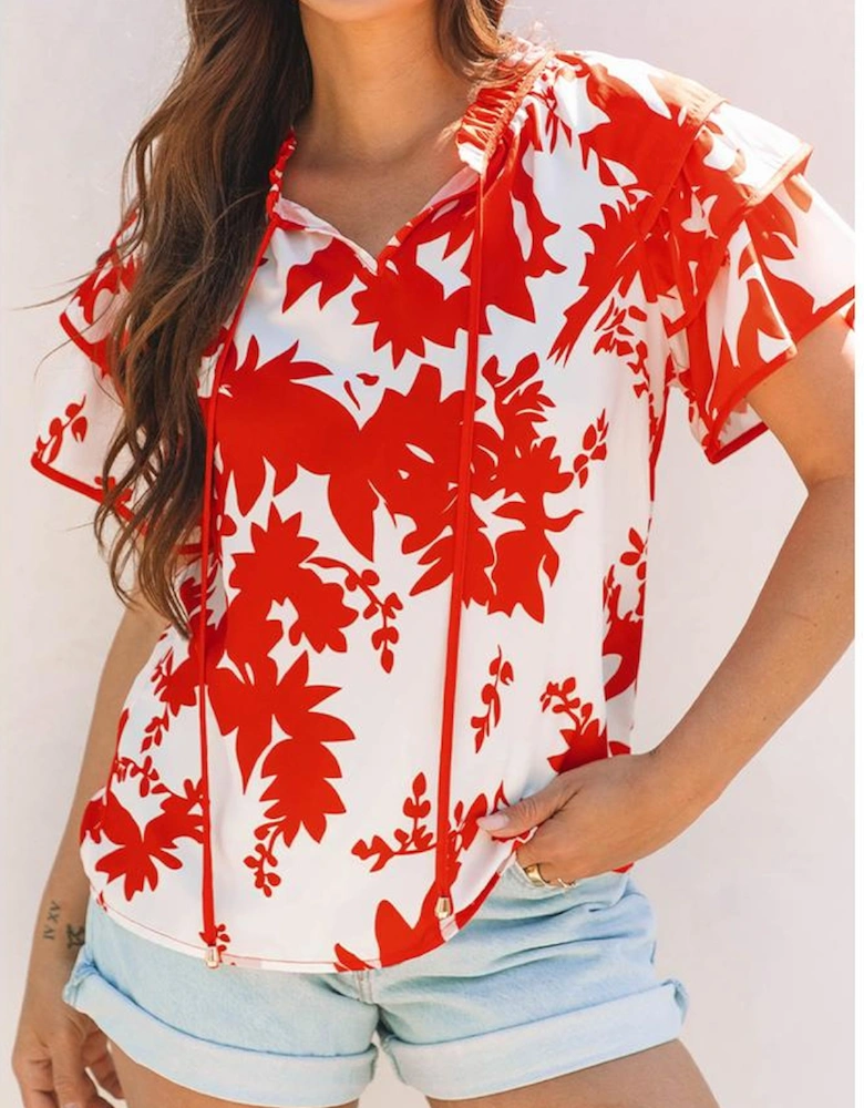 Red Plant Print Tiered Ruffled Sleeve V Neck Blouse