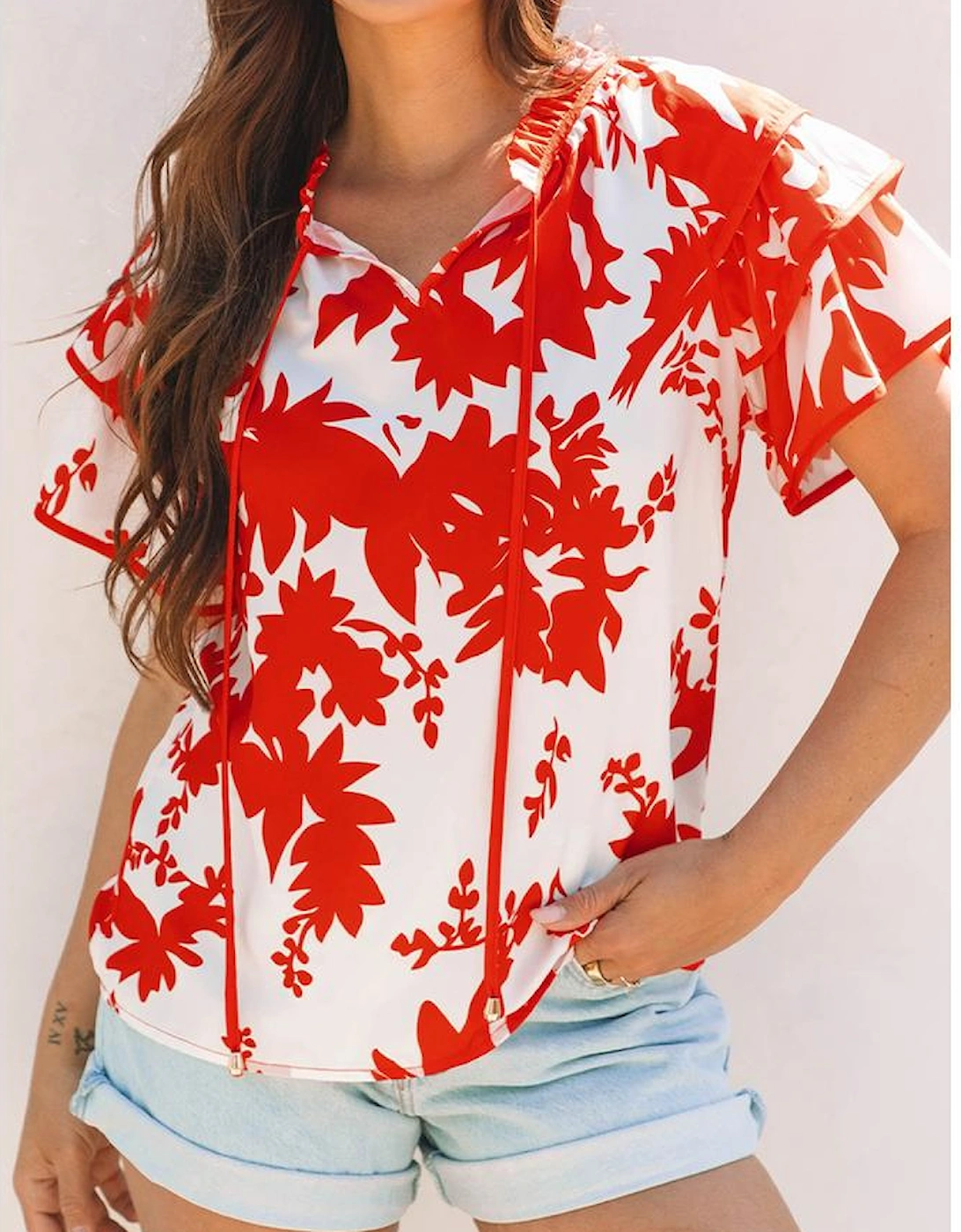 Red Plant Print Tiered Ruffled Sleeve V Neck Blouse