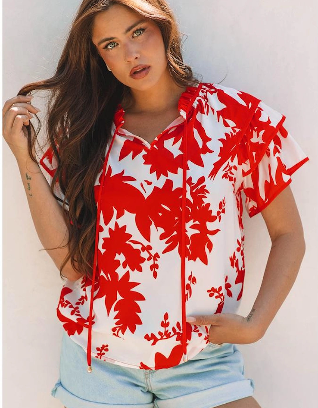 Red Plant Print Tiered Ruffled Sleeve V Neck Blouse