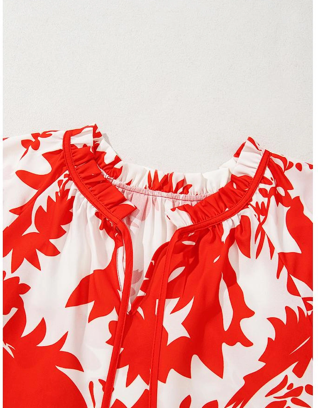 Red Plant Print Tiered Ruffled Sleeve V Neck Blouse