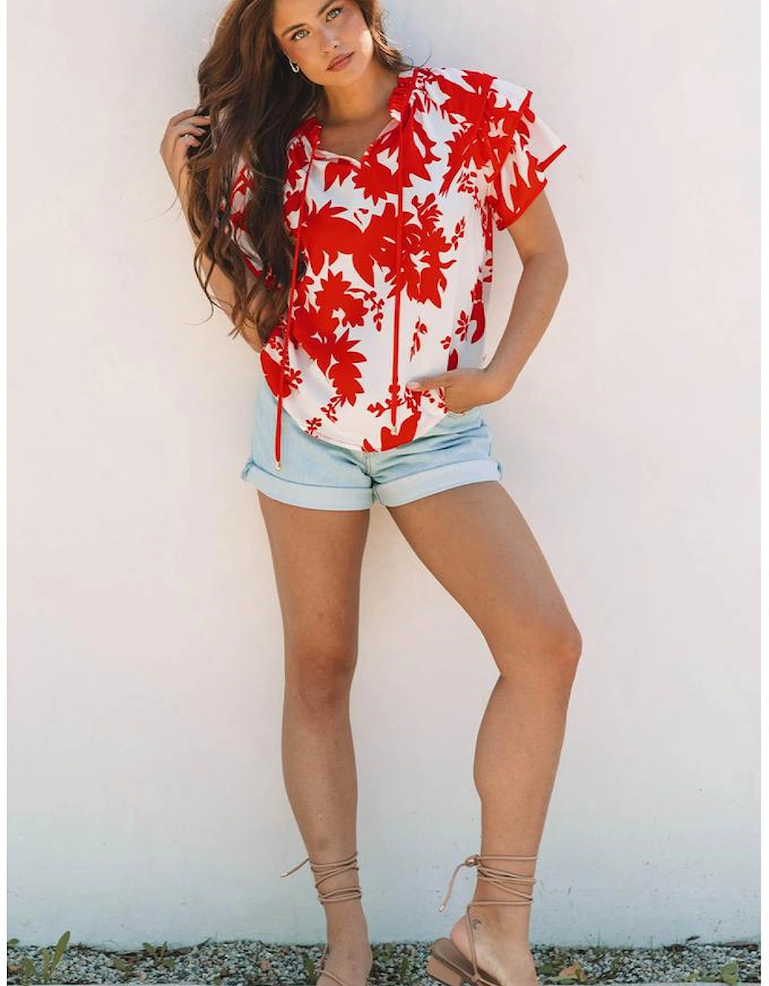 Red Plant Print Tiered Ruffled Sleeve V Neck Blouse