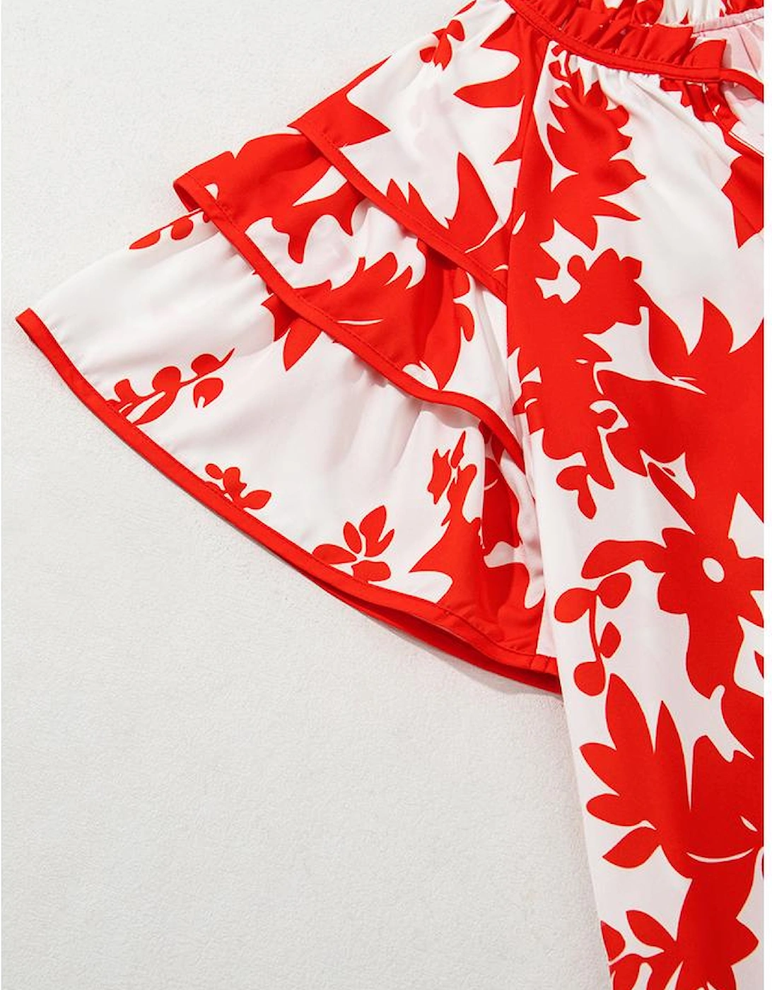 Red Plant Print Tiered Ruffled Sleeve V Neck Blouse