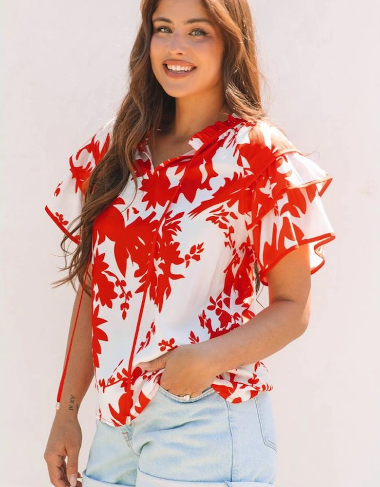 Red Plant Print Tiered Ruffled Sleeve V Neck Blouse