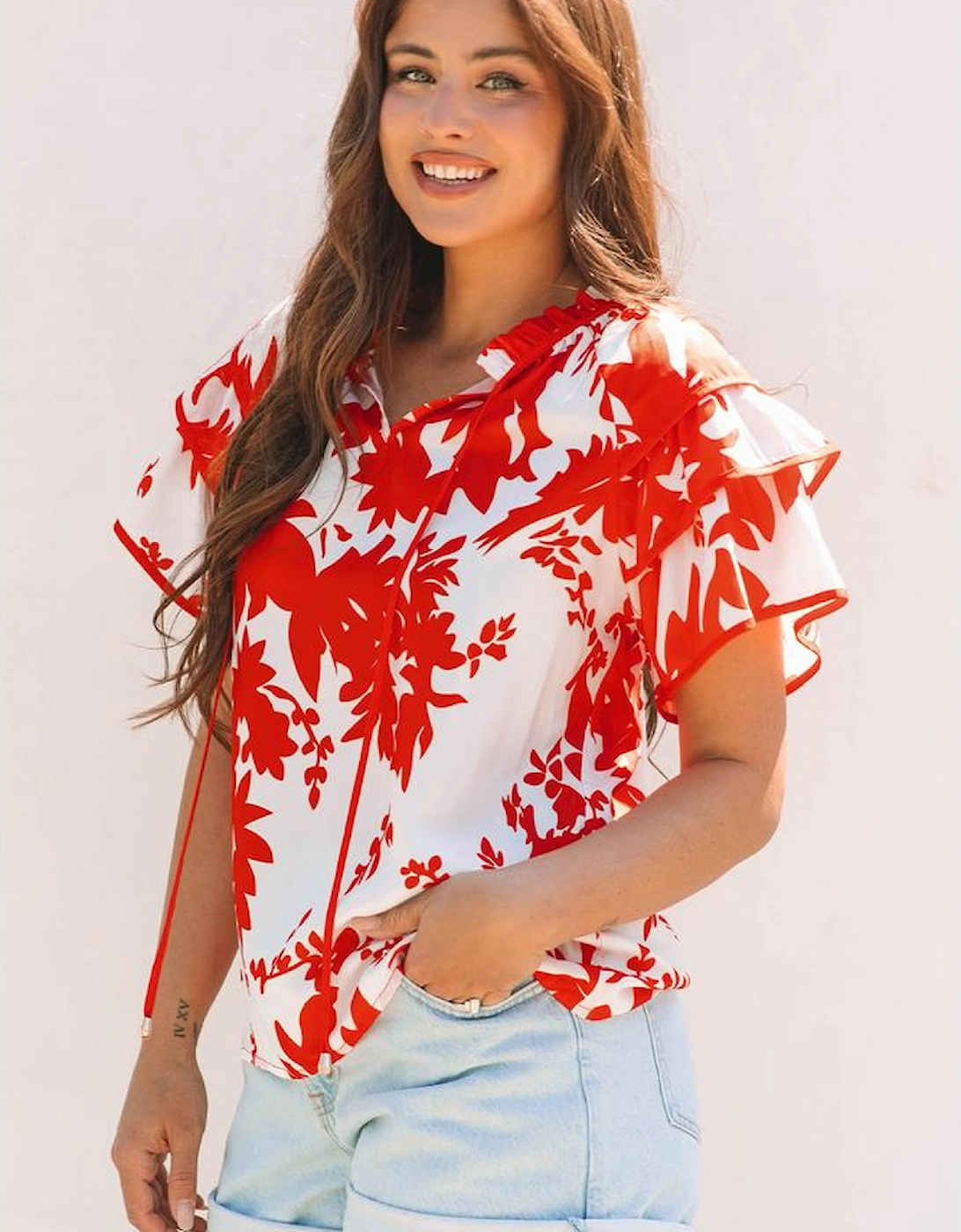 Red Plant Print Tiered Ruffled Sleeve V Neck Blouse