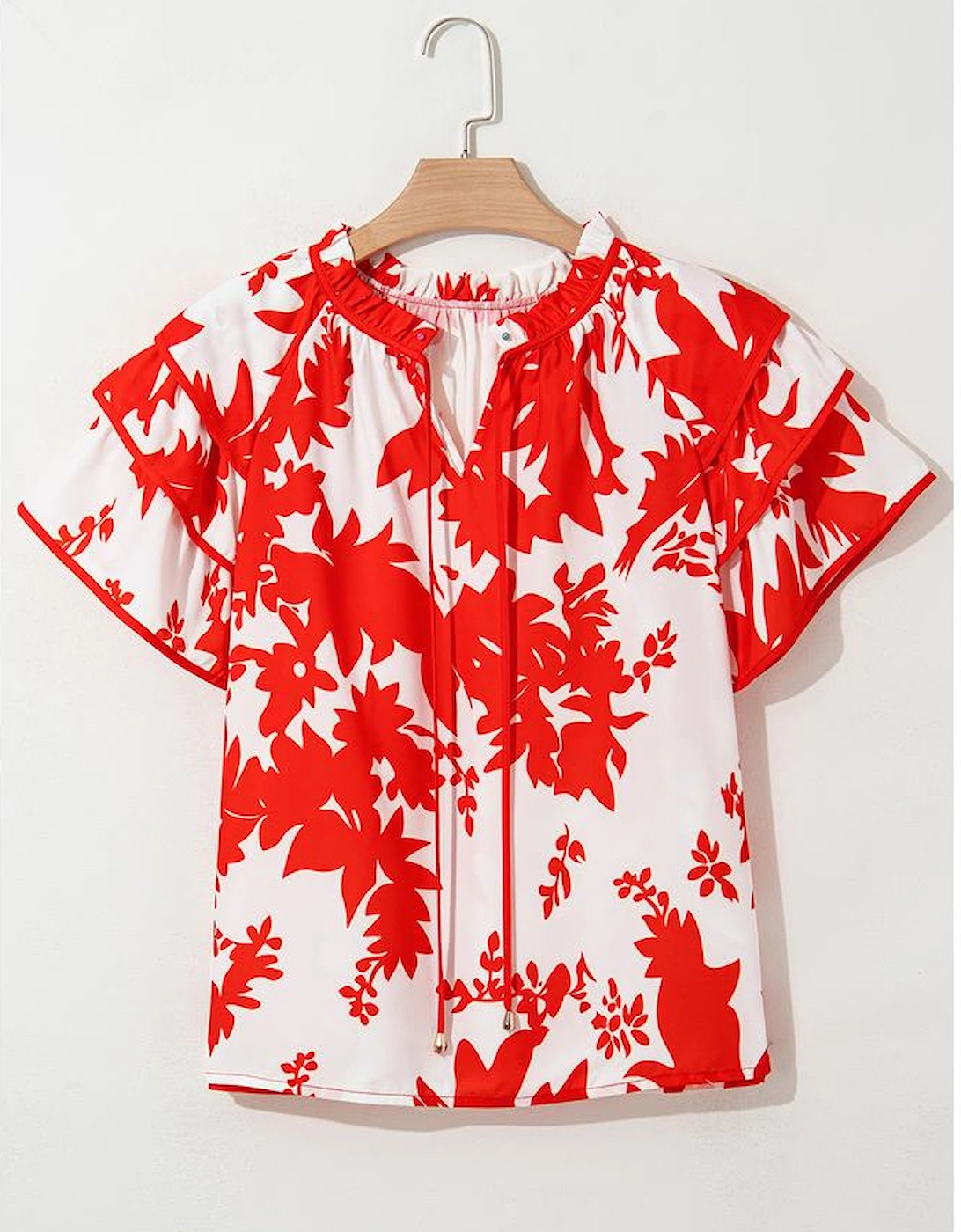 Red Plant Print Tiered Ruffled Sleeve V Neck Blouse