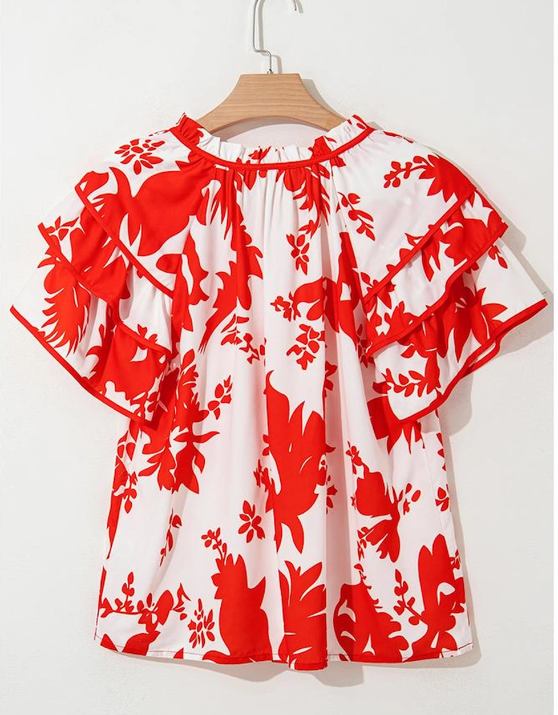 Red Plant Print Tiered Ruffled Sleeve V Neck Blouse