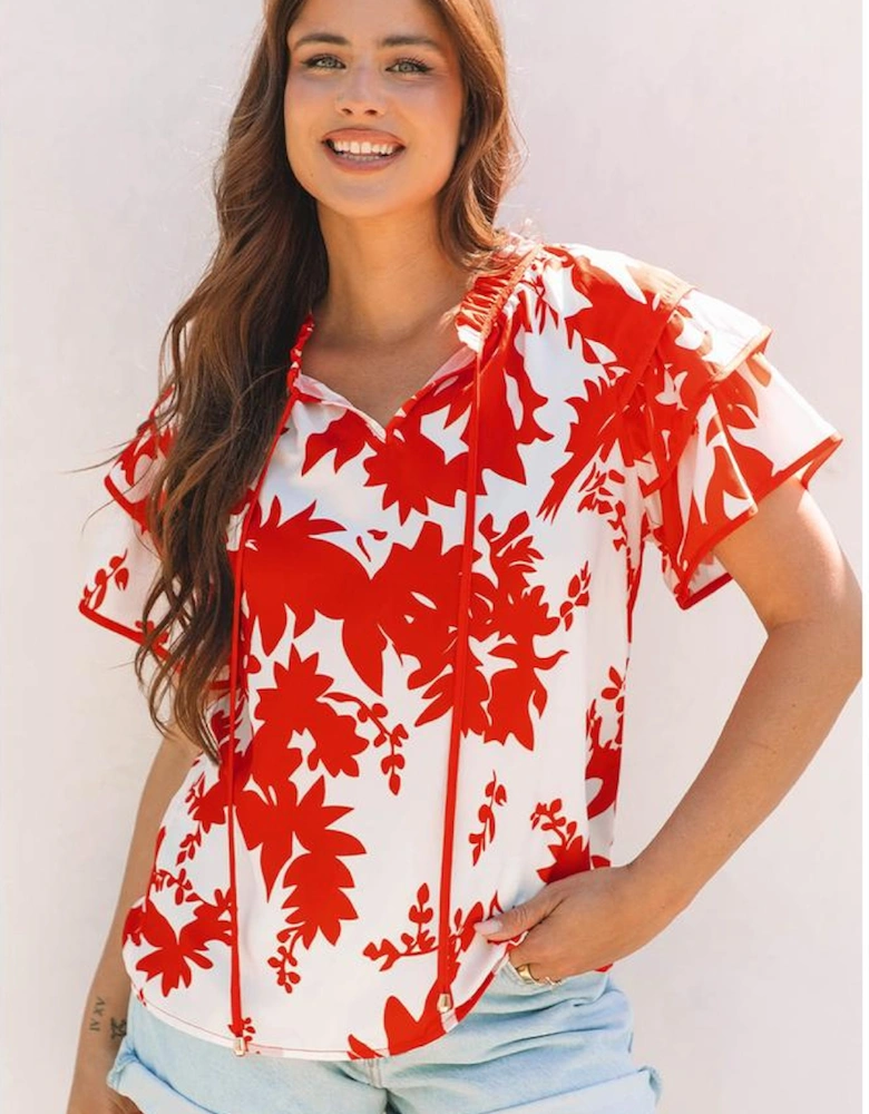 Red Plant Print Tiered Ruffled Sleeve V Neck Blouse