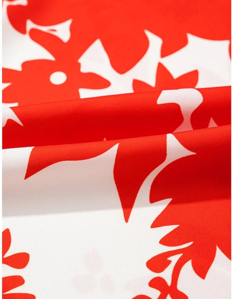 Red Plant Print Tiered Ruffled Sleeve V Neck Blouse