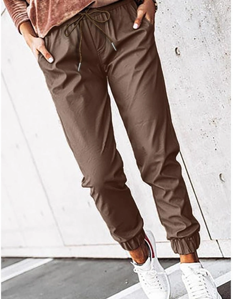 Brown Leather Tie Waist Jogger Pants