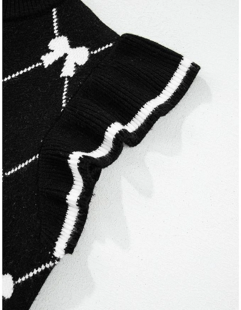 Black Preppy Vibes Bow Print Zipped Collar Sweater Tee