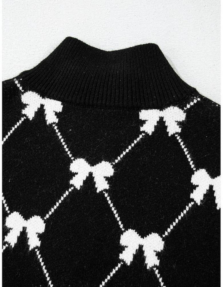 Black Preppy Vibes Bow Print Zipped Collar Sweater Tee