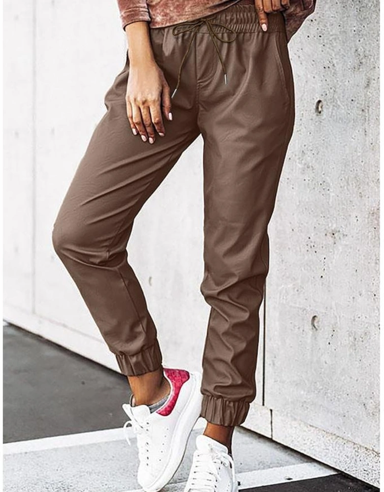 Brown Leather Tie Waist Jogger Pants