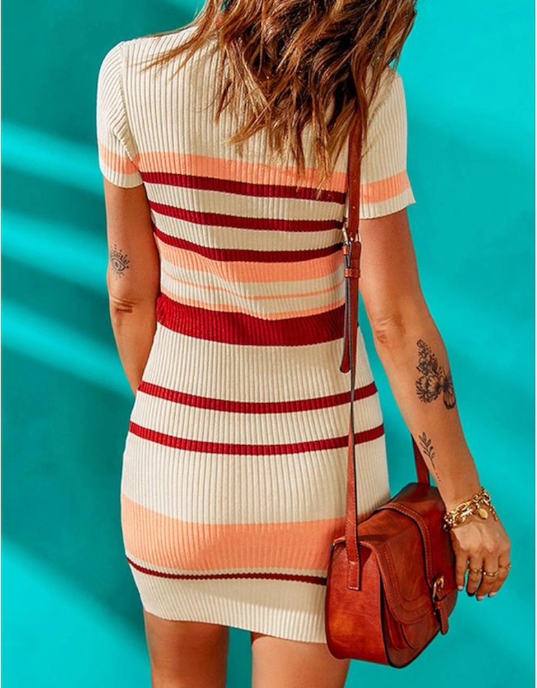 Apricot Striped Ribbed Knit V Neck Bodycon Mini Dress