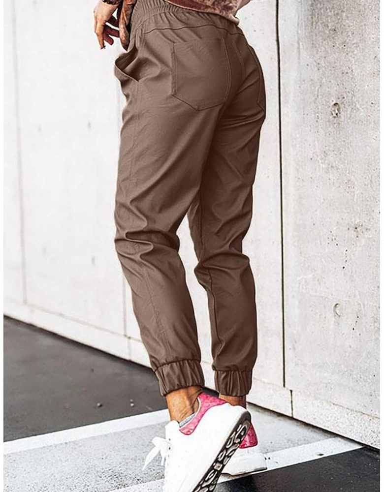 Brown Leather Tie Waist Jogger Pants