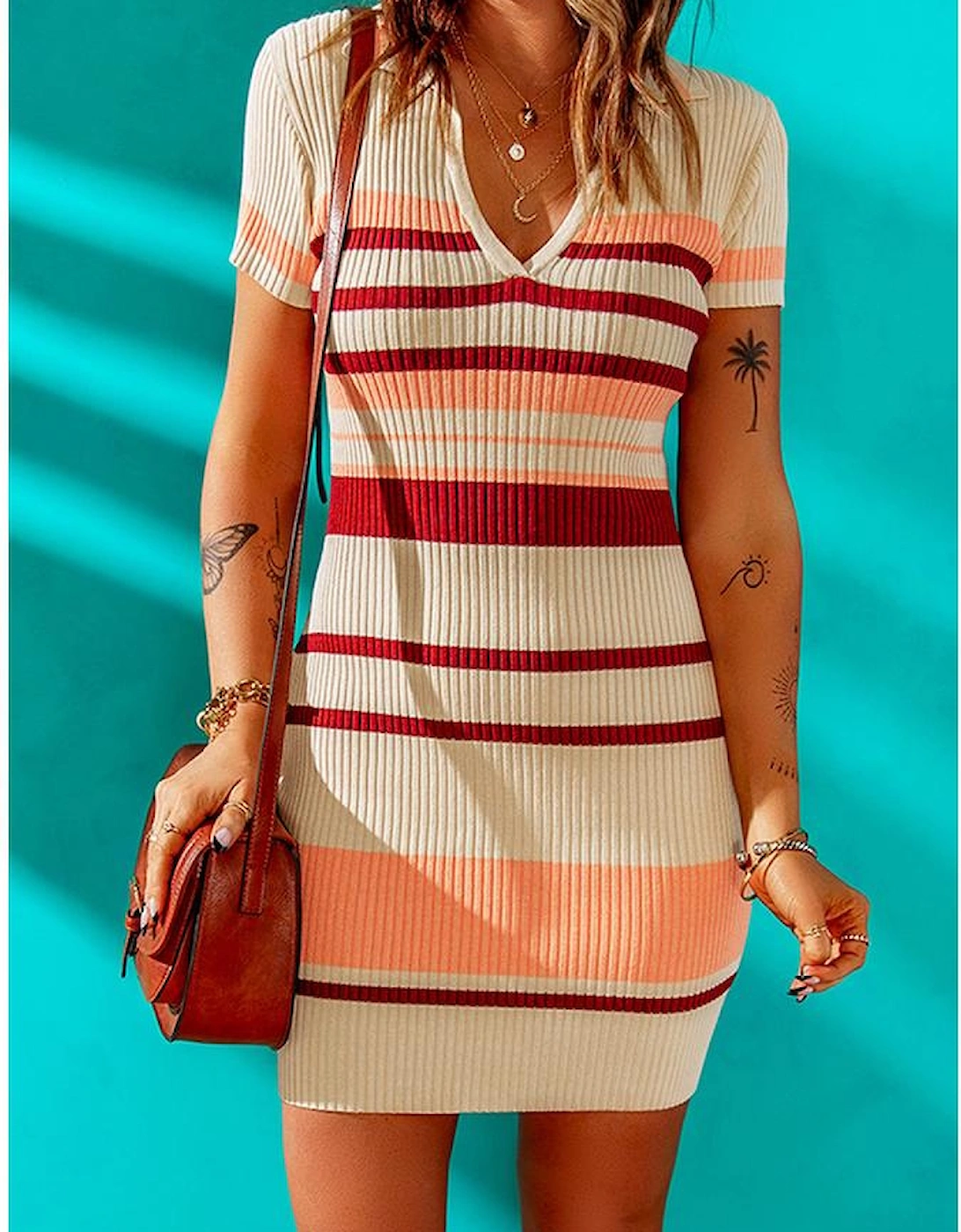Apricot Striped Ribbed Knit V Neck Bodycon Mini Dress
