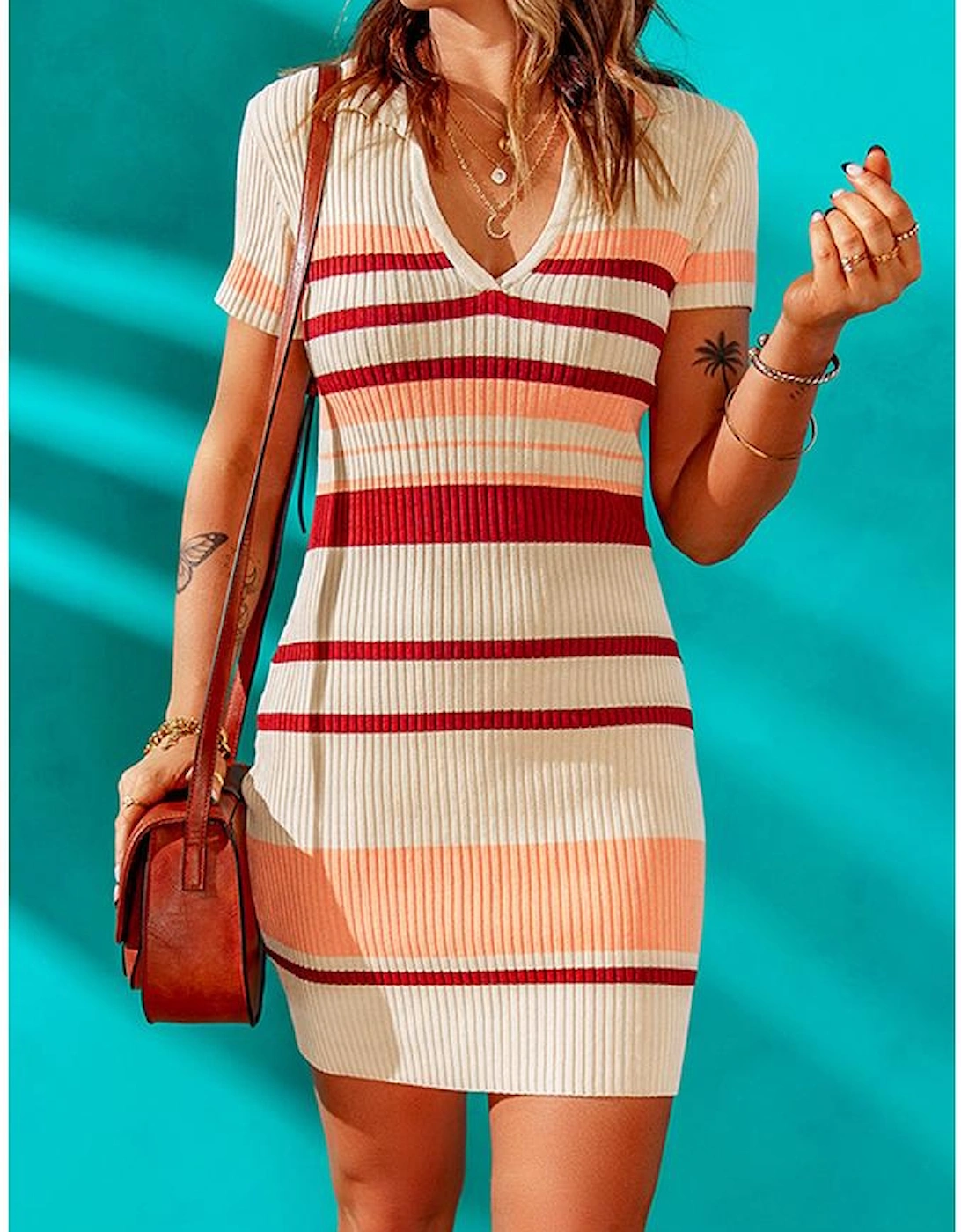 Apricot Striped Ribbed Knit V Neck Bodycon Mini Dress