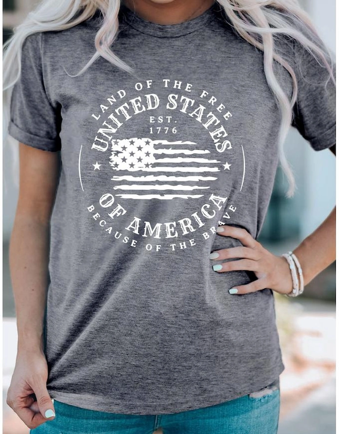Gray United States Of America Flag Graphic Print T Shirt