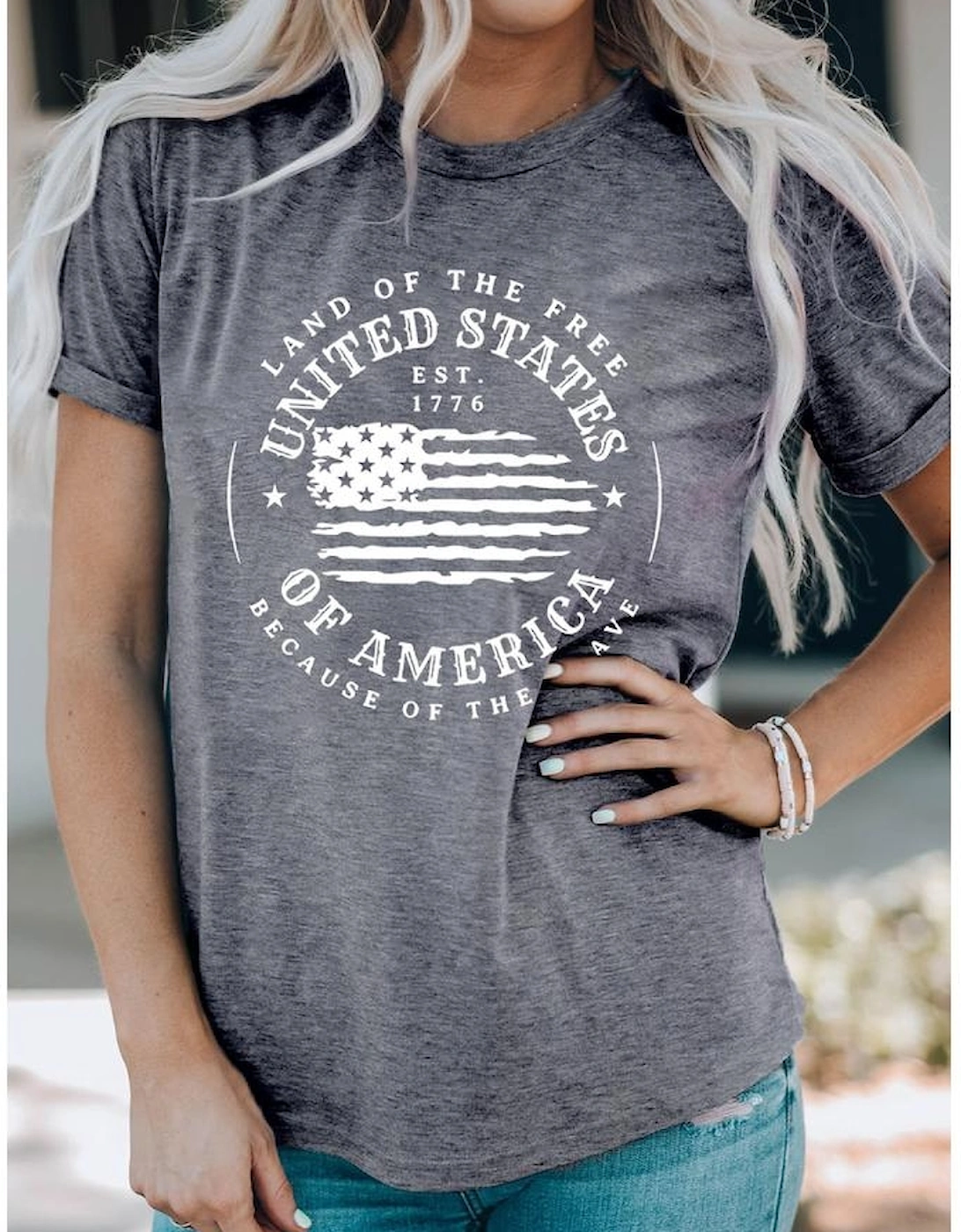 Gray United States Of America Flag Graphic Print T Shirt