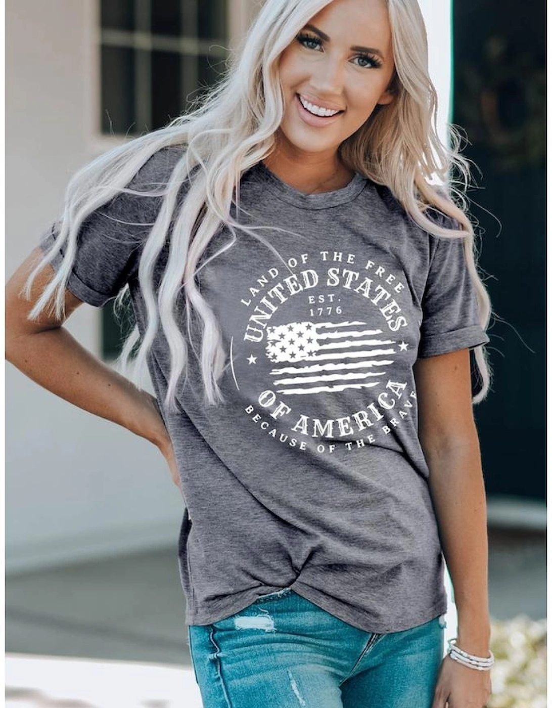 Gray United States Of America Flag Graphic Print T Shirt