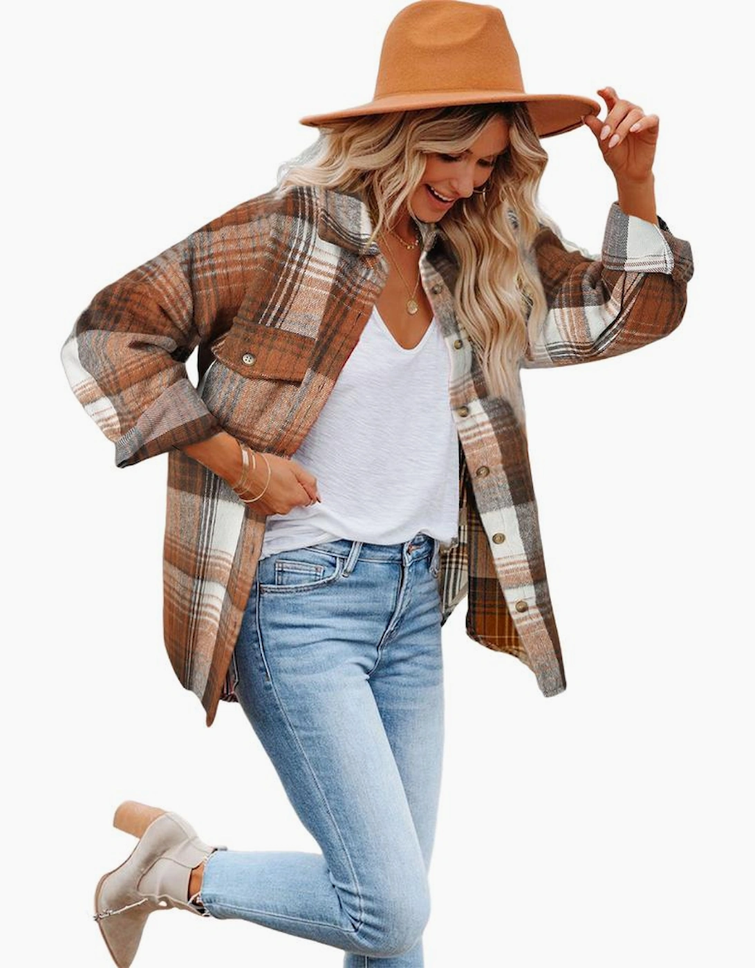 Brown Plaid Flap Pockets Shacket