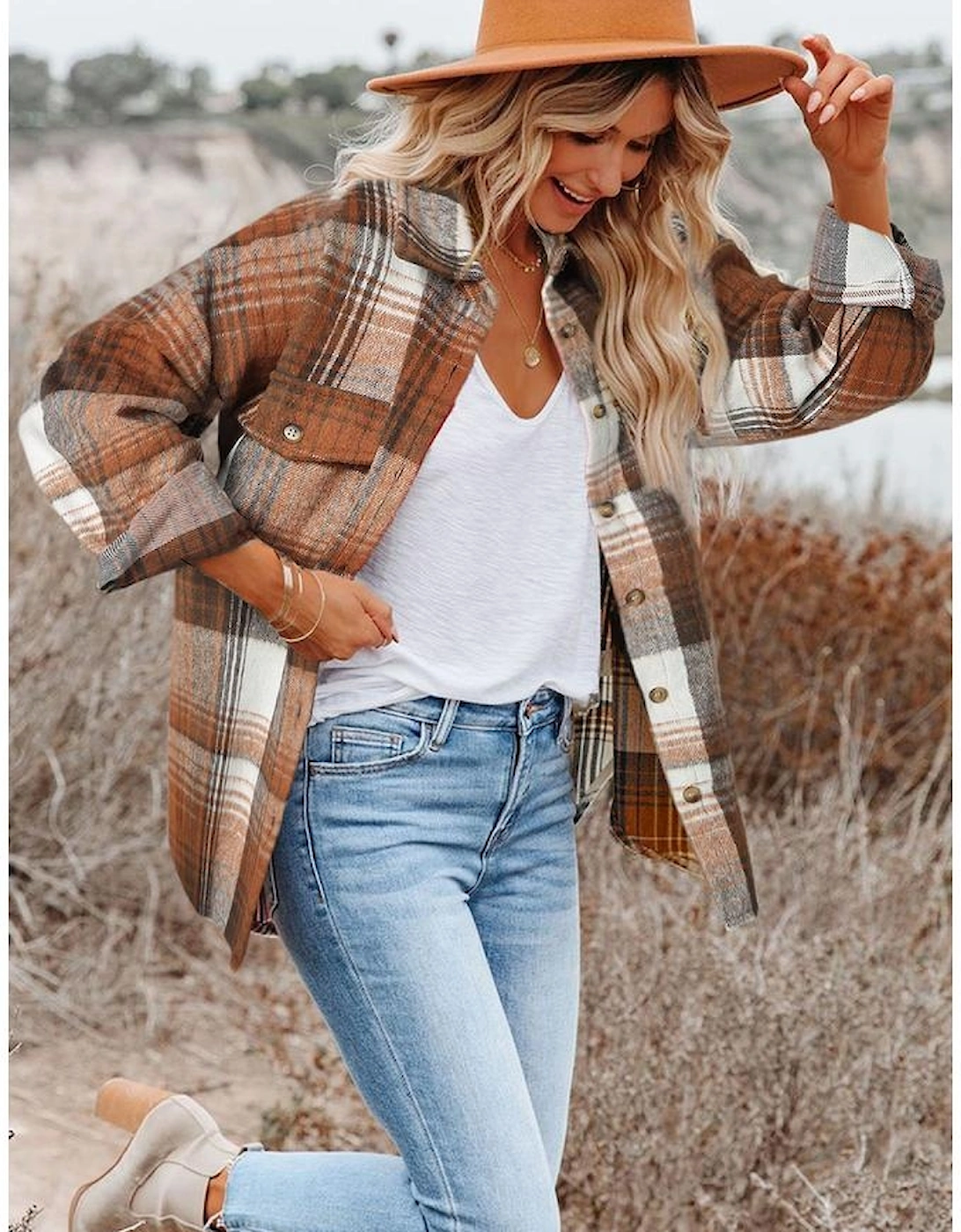 Brown Plaid Flap Pockets Shacket