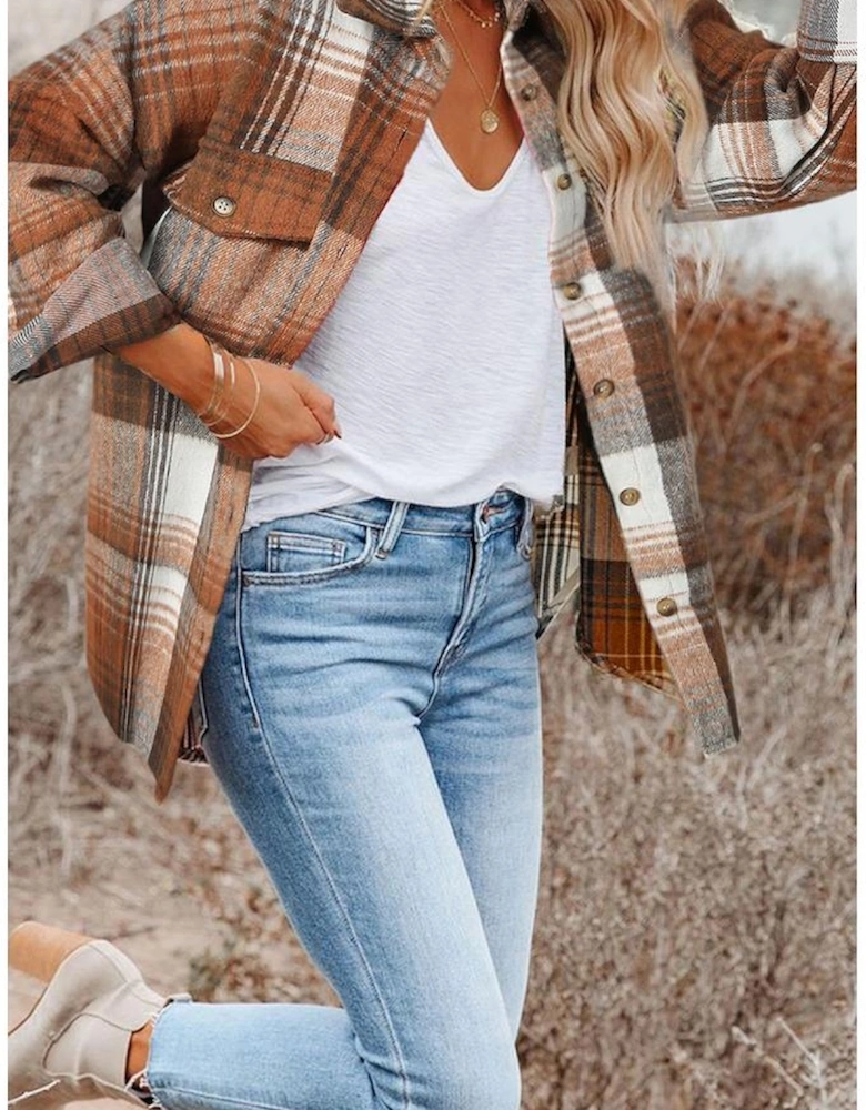 Brown Plaid Flap Pockets Shacket