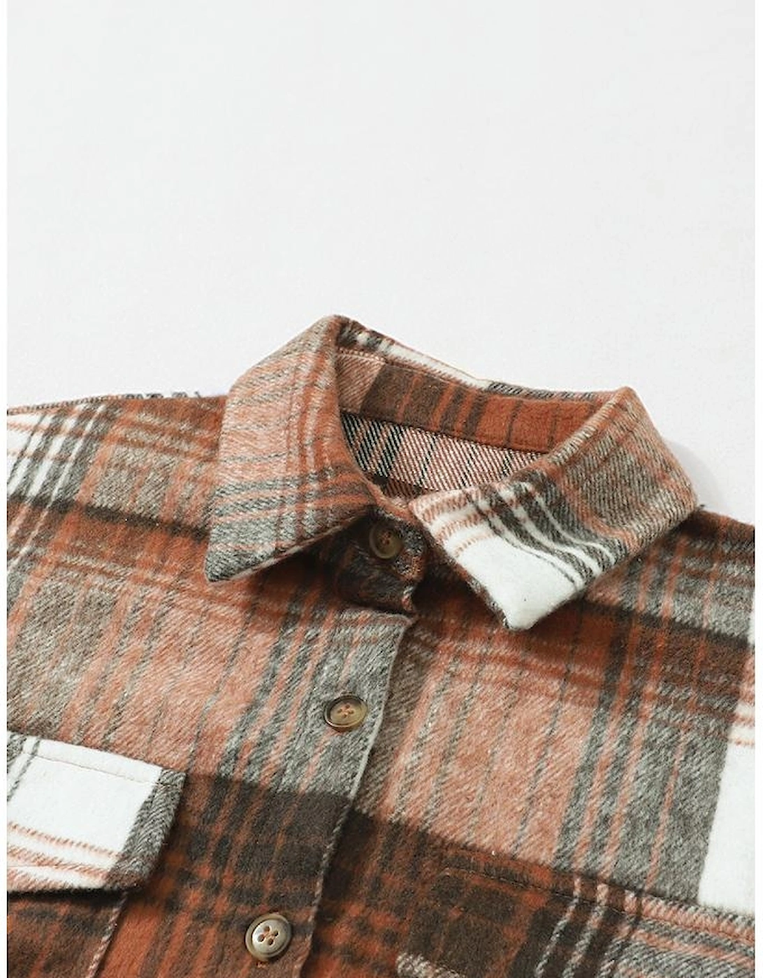 Brown Plaid Flap Pockets Shacket