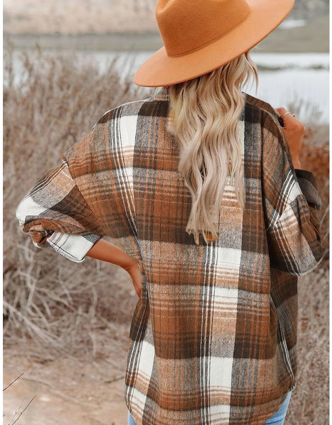 Brown Plaid Flap Pockets Shacket